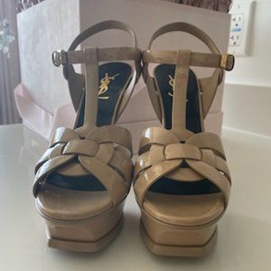 Saint Laurent Tribute Platform Sandals in Dark Beige Patent Leather